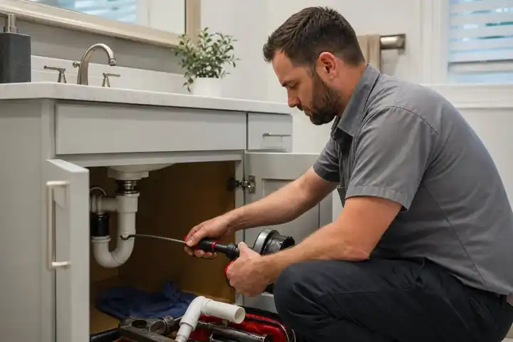 Plumber clearing a clogged bathroom sink drain with a drain tool