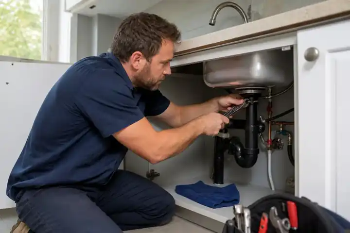 Plumber repairing a leak under a kitchen sink in a cabinet