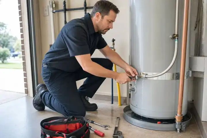Plumber tightening a leaking water heater connection in a utility room